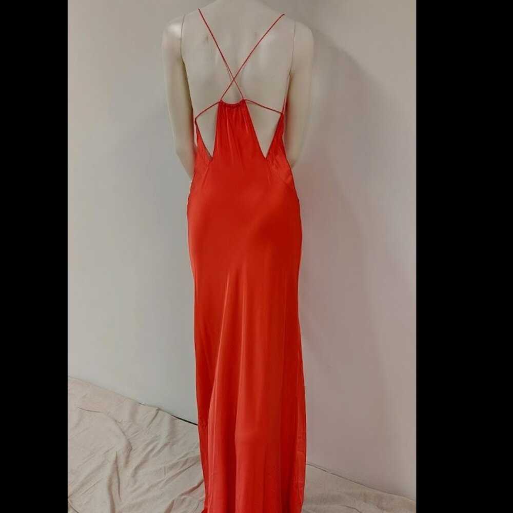 ZARA True Red, 100% Silk, Thin-Strappy, Fit-n-Flare, Maxi Slip Dress; Size: S - Picture 3 of 7